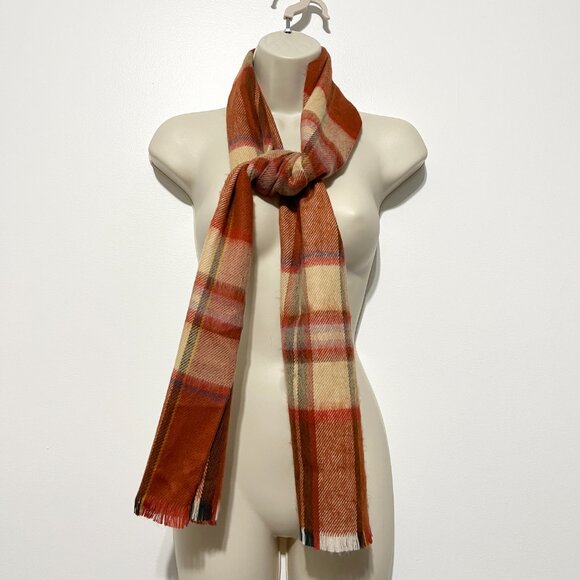 Abraham & Strauss Vintage Brushed Wool Blend Rectangle Scarf Orange Plaid Fall - Picture 2 of 10